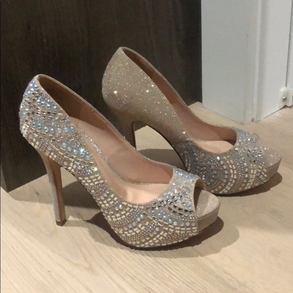 4.5 inch champagne crystal heels